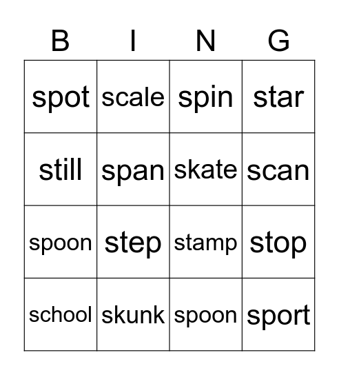 sp, st, sk, sc Bingo Card