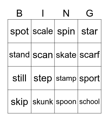 sp, st, sk, sc Bingo Card