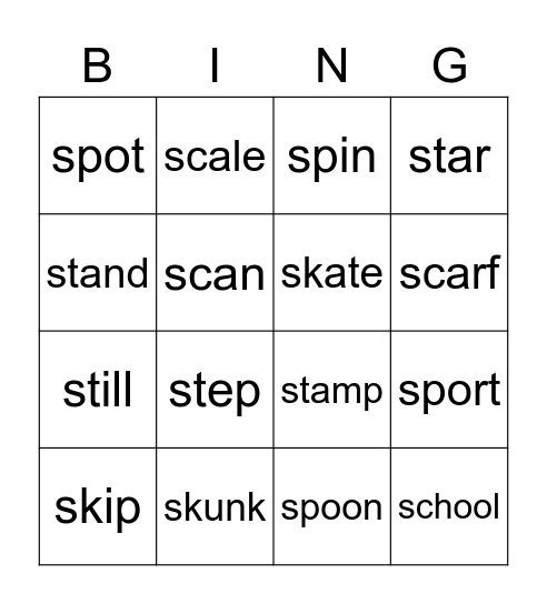 sp, st, sk, sc Bingo Card