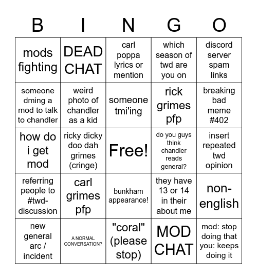 chairhandler general bingo card Bingo Card