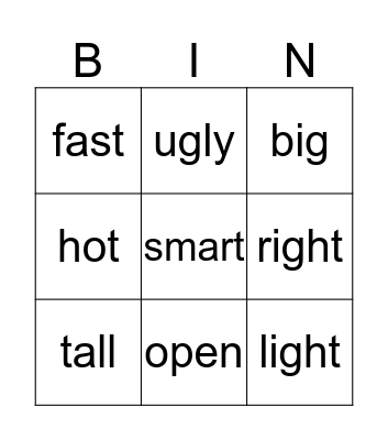 Opposites Bingo Card