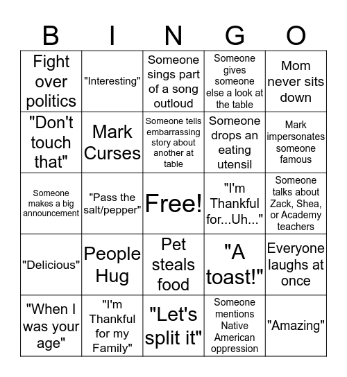 Thanksgiving Dinner - Round the Table Bingo Card