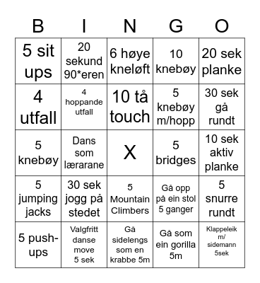 Physical Activity Bingo Card