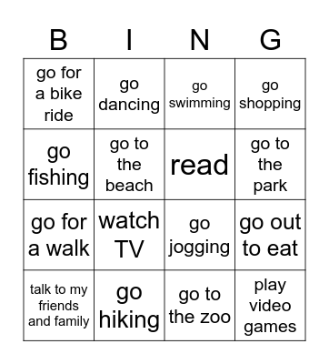 Free-time Activities Bingo Card