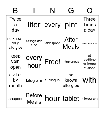 NU 203 Medical Terminology Bingo Card