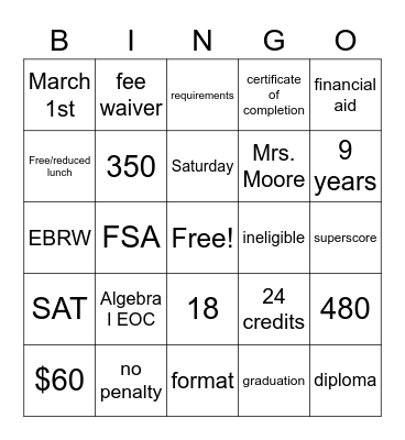 Class of 2023 Bingo Card