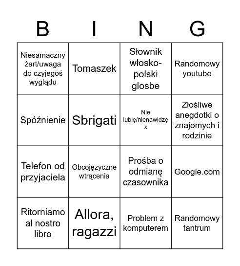 Italiano Bingo Card