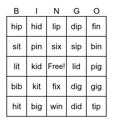 Short i words Bingo Card