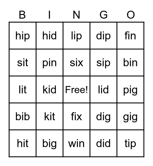 Short i words Bingo Card