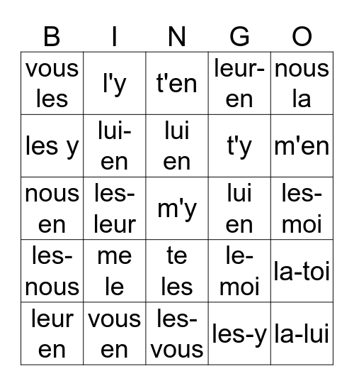 Les Doubles Pronoms Bingo Card