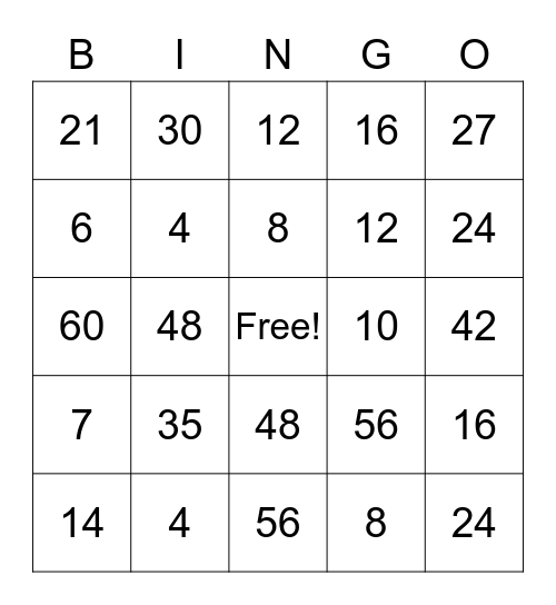 Multiplication Bingo Card