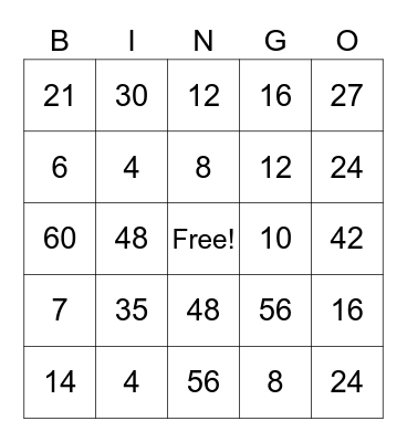 Multiplication Bingo Card
