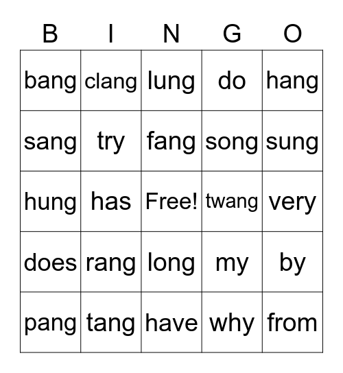 -ng and trick words Bingo Card