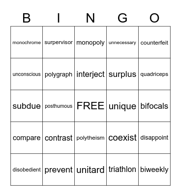 Vocabulary Review Bingo Card