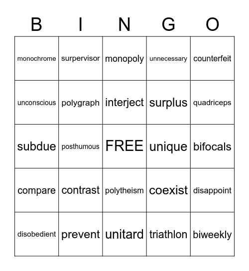 Vocabulary Review Bingo Card