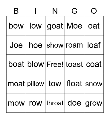 Long O Bingo (OA, OE, OW) Bingo Card