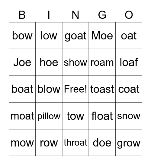 Long O Bingo (OA, OE, OW) Bingo Card