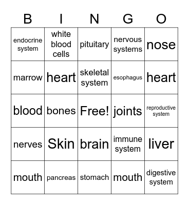 Body Systems Bingo Card