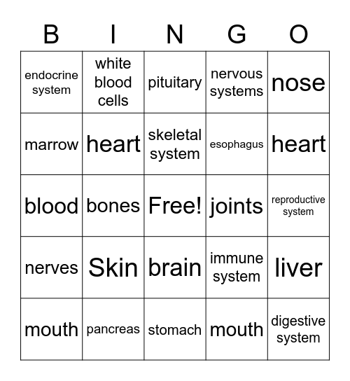 Body Systems Bingo Card