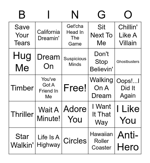 Musical Bingo Card