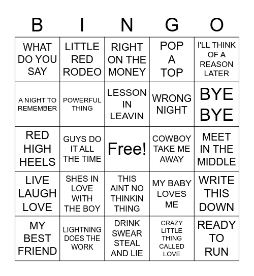 COUNTRY HITS Bingo Card