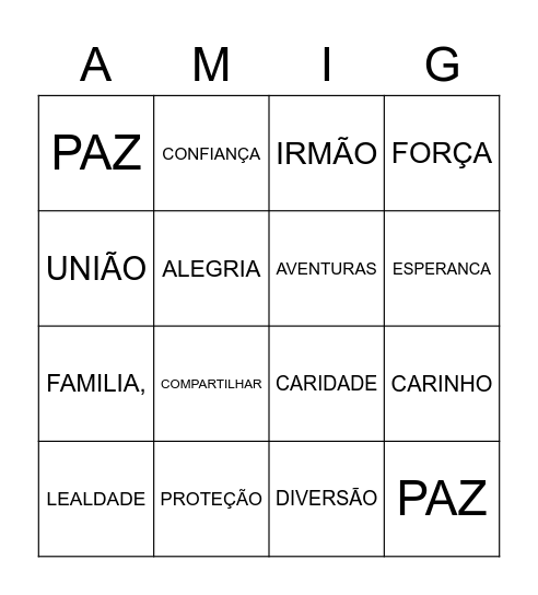 BINGO DA AMIZADE Bingo Card