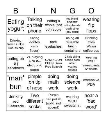 Teacher Lunchroom Duty Bingo Card