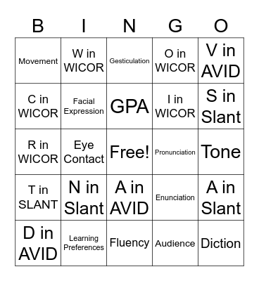 AVID Vocabulary Bingo Card