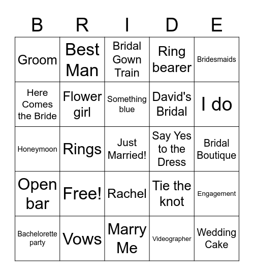 Happy Bridal Shower, Rachel! Bingo Card
