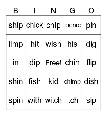 Short "i" Bingo Card