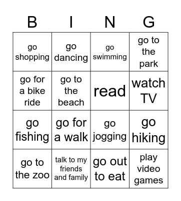 Free-time Activities Bingo Card