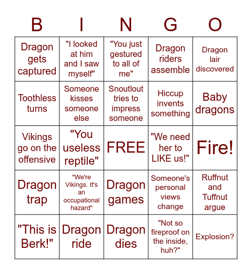 How to Train Your Dragon Bingo Card