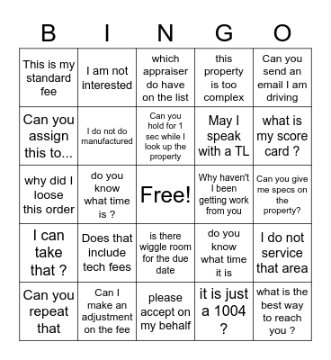 Appraiser Bingo Card