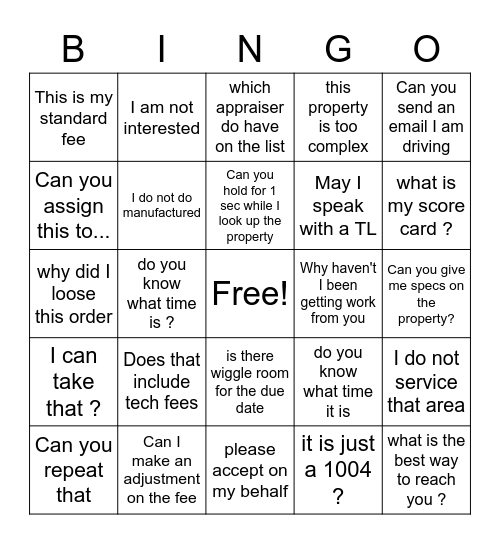 Appraiser Bingo Card