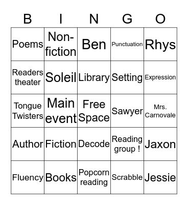 Reading group Bingo  Bingo Card