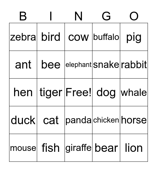 ANIMALS Bingo Card