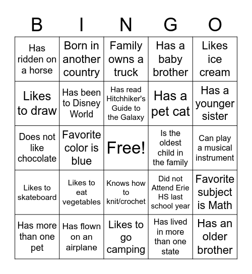 Classmate Bingo Card