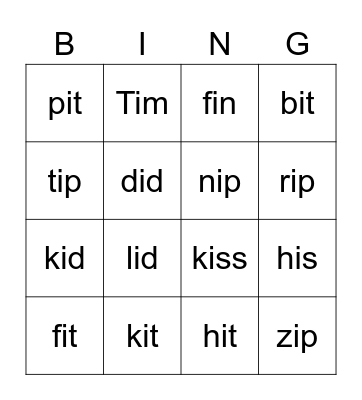 Short i Bingo Card
