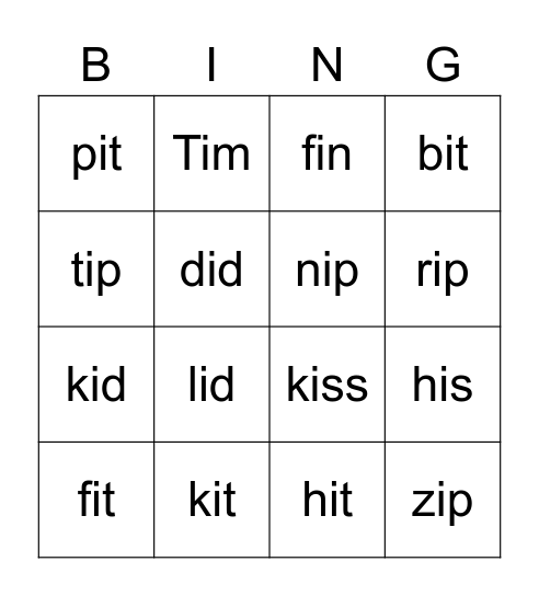 Short i Bingo Card