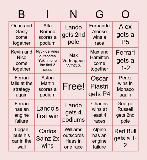 F1 2023 Bingo Card