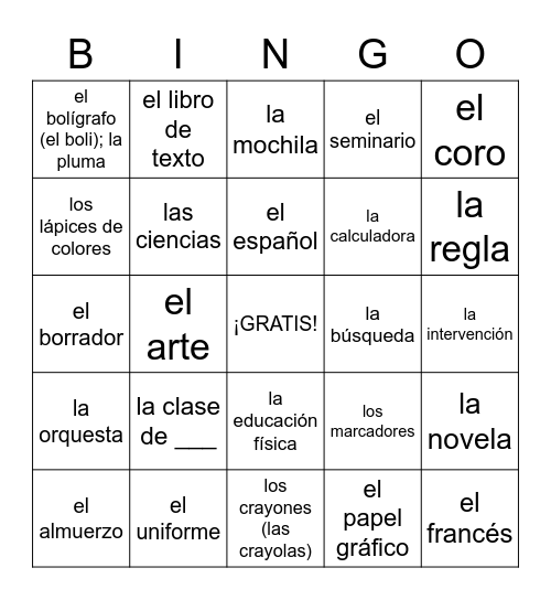 MS1_LAS CLASES Y LAS COSAS DE LA ESCUELA Bingo Card