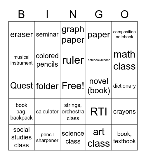 MS1_CLASSES AND THINGS FOR SCHOOL Bingo Card