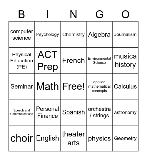 HS1_CLASSES IN SCHOOL Bingo Card