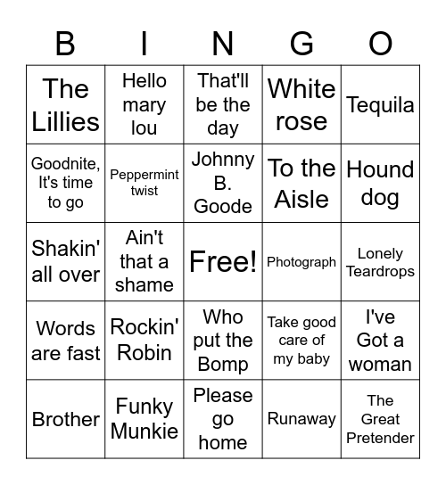 50s Golden Oldies 60s Bingo Card