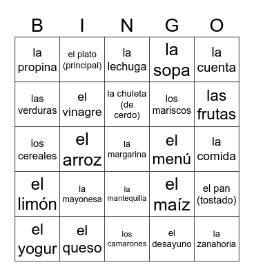 Comida - español 2 Bingo Card