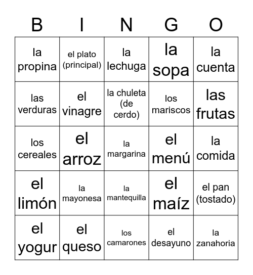 Comida - español 2 Bingo Card