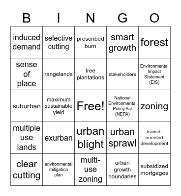 Land Use Bingo Card