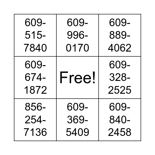 Phone Number Bingo Card