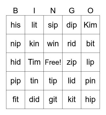 Short "i" sound Bingo Card