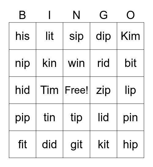 Short "i" sound Bingo Card